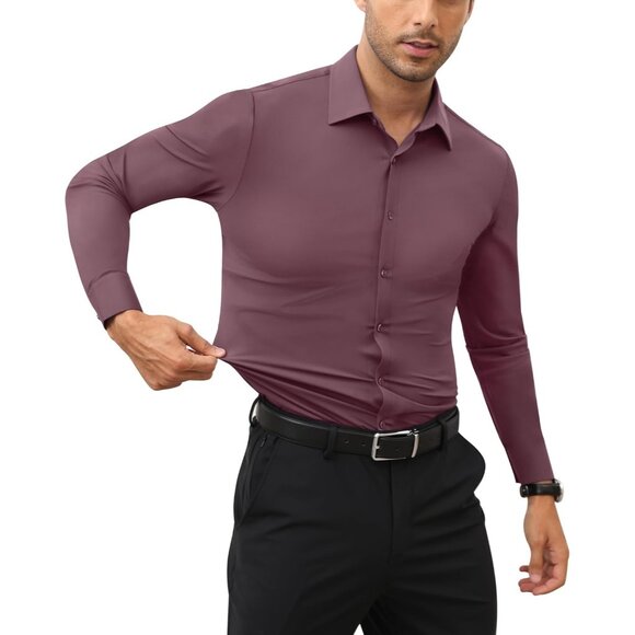 Men Pink Long Sleeve Slim Muscle Fit Wrinkle Free Button Down Dress Shirts - Picture 7 of 9